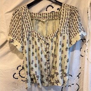 Lucky Brand Cream and Purple Floral cottage girlcore spring fairy Blouse XL